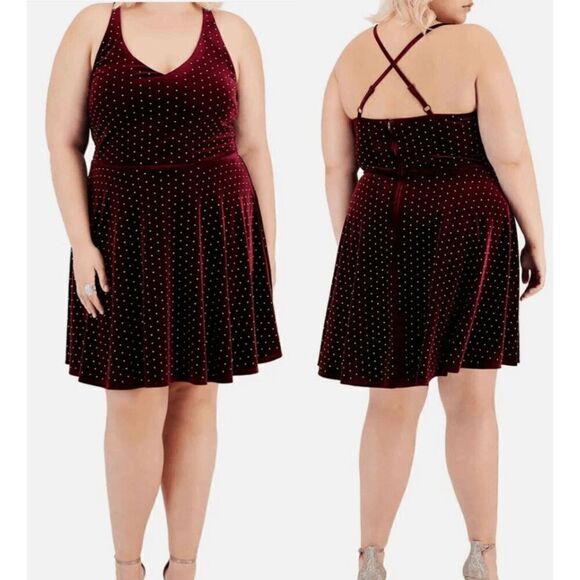 City Studios Trendy Plus Size Velvet Rhines Wine Iridescent Dress 18W - Picture 1 of 10